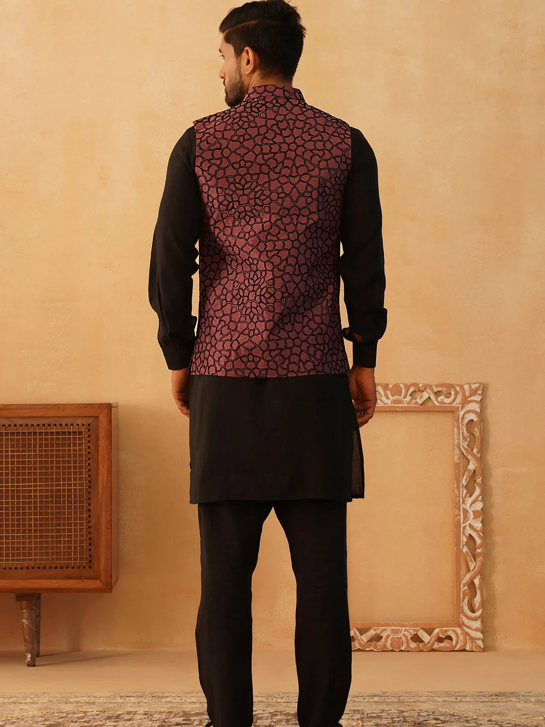 Embroidered Nehru Jacket With Solid Kurta Pyjama Set-JOKPWC-5912B