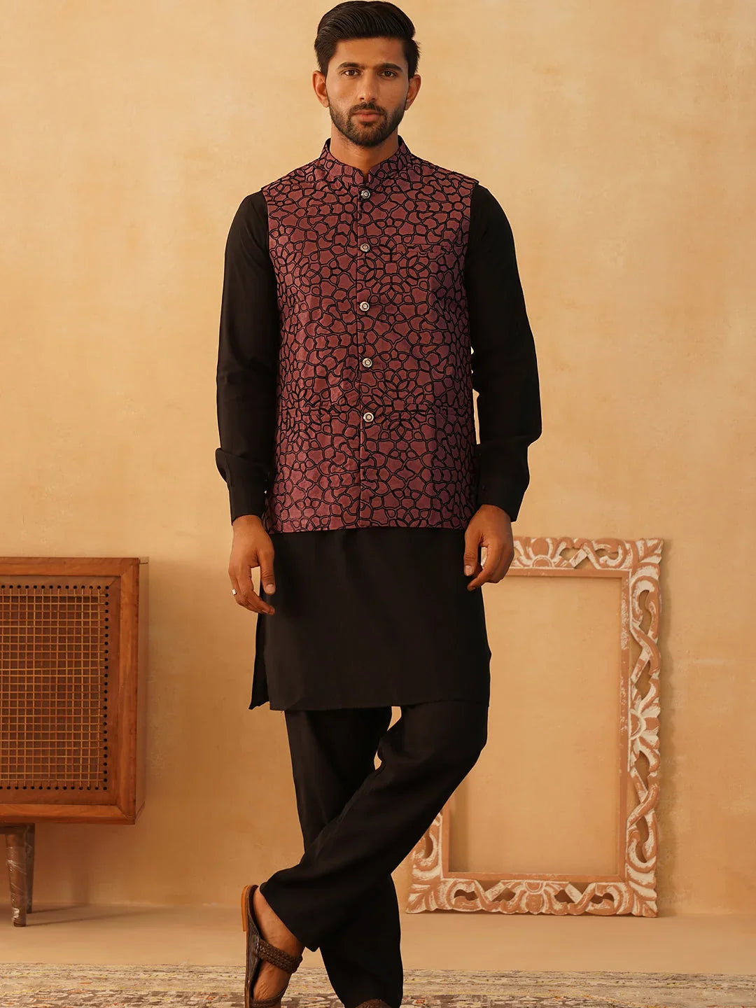 Embroidered Nehru Jacket With Solid Kurta Pyjama Set-JOKPWC-5912B