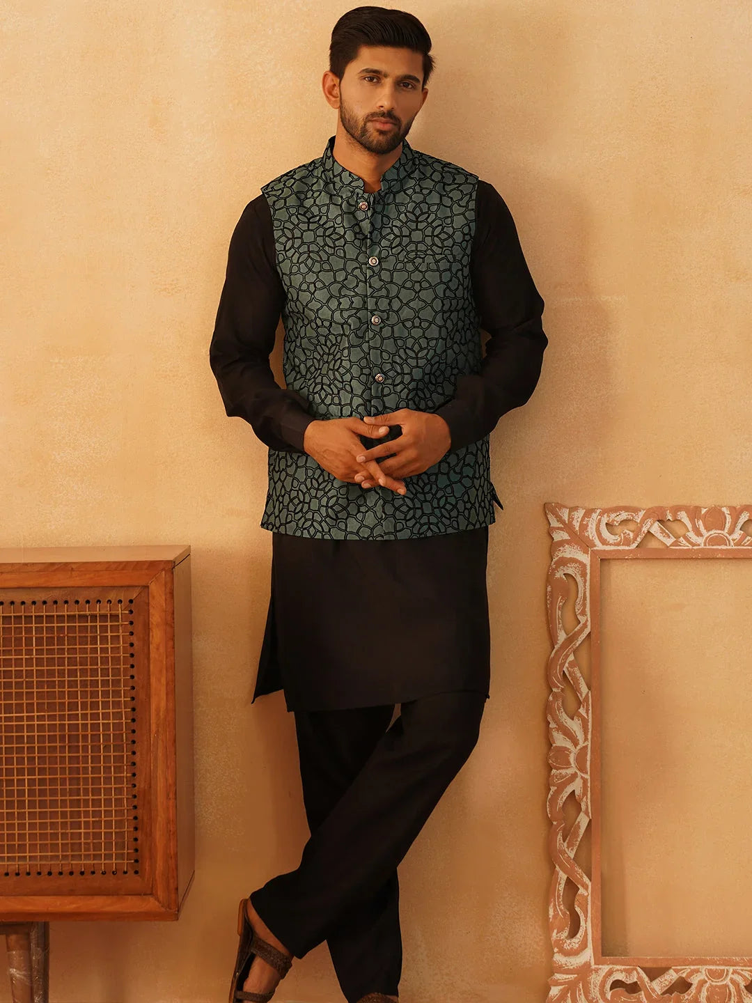 Embroidered Nehru Jacket With Solid Kurta Pyjama Set-JOKPWC-5922B