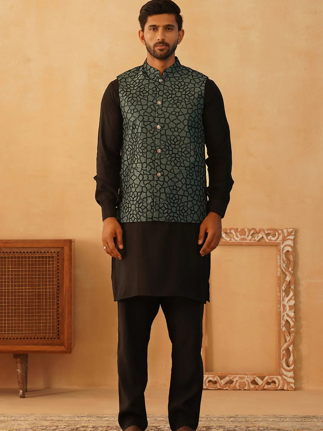 Embroidered Nehru Jacket With Solid Kurta Pyjama Set-JOKPWC-5922B