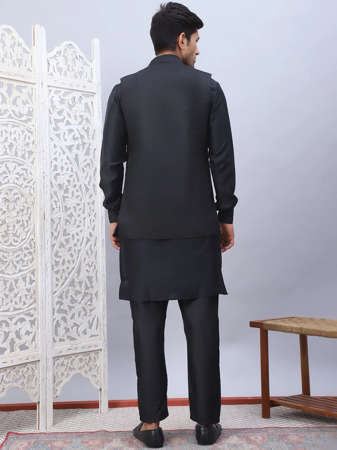 Embroidered Nehru Jacket With Solid Kurta Pyjama Set-JOKPWC-592