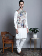 Men's Digital Print and Zari Work Nehru Jacket With Kurta Solid Pyjama Set