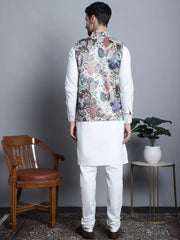 Men's Digital Print and Zari Work Nehru Jacket With Kurta Solid Pyjama Set