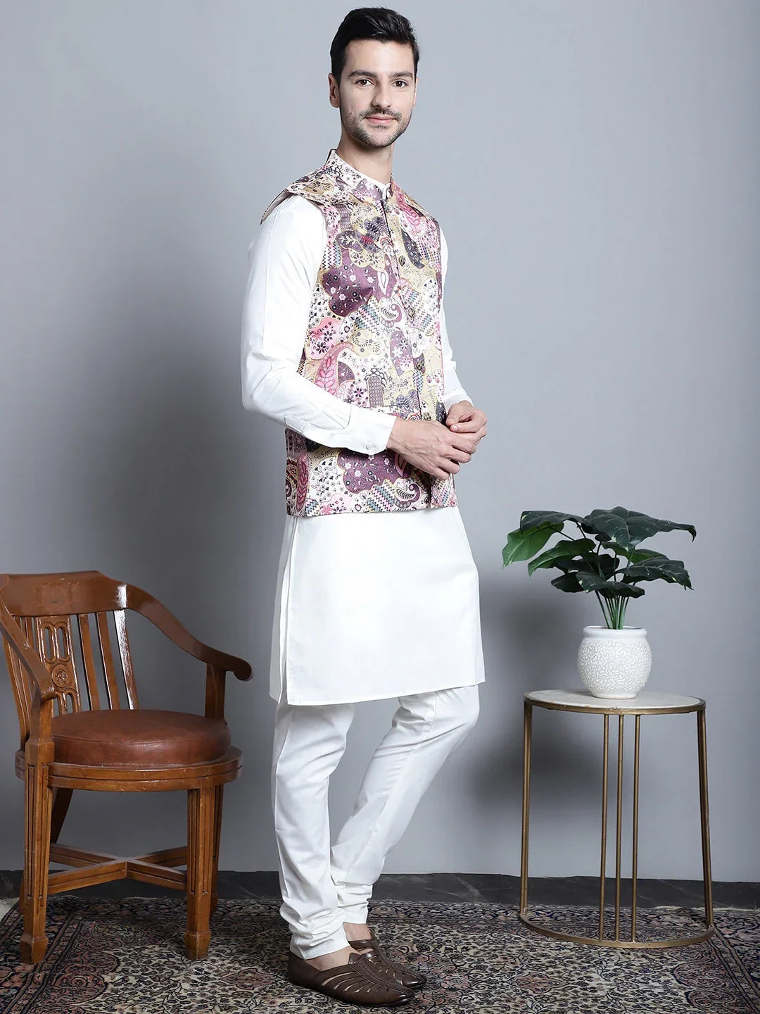 Men's Digital Print and Zari Work Jacket With Kurta Pyjama Set