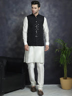 Men's Sequins and Embroidred Nehru Jacket With Solid Kurta Pyjama ( JOKPWC 592W 4093Black )