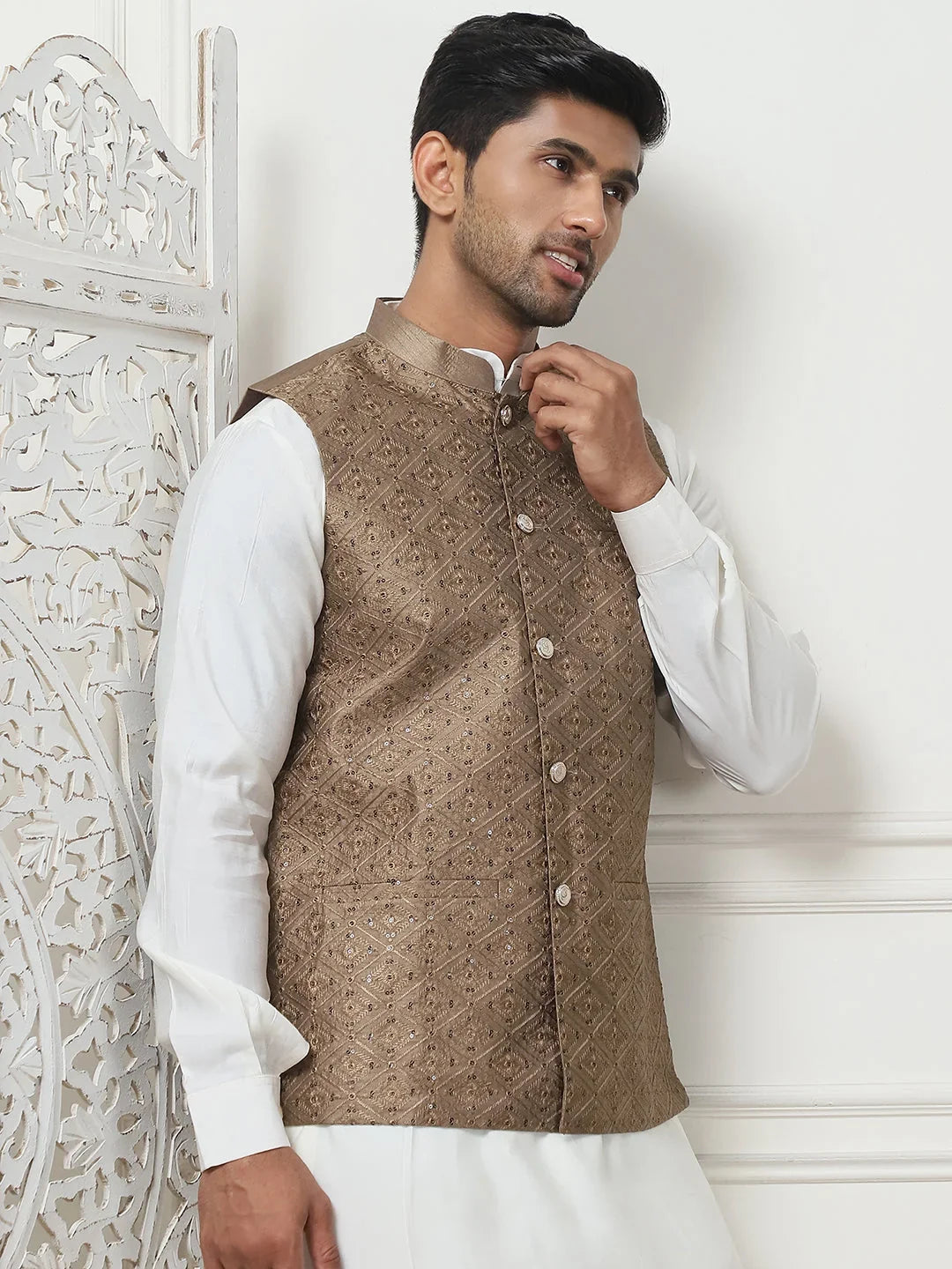 Embroidered Nehru Jacket With Solid Kurta Pyjama Set-JOKPWC-Q592W