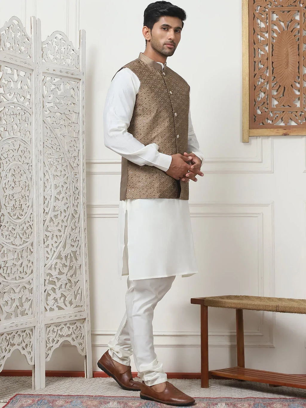 Embroidered Nehru Jacket With Solid Kurta Pyjama Set-JOKPWC-Q592W