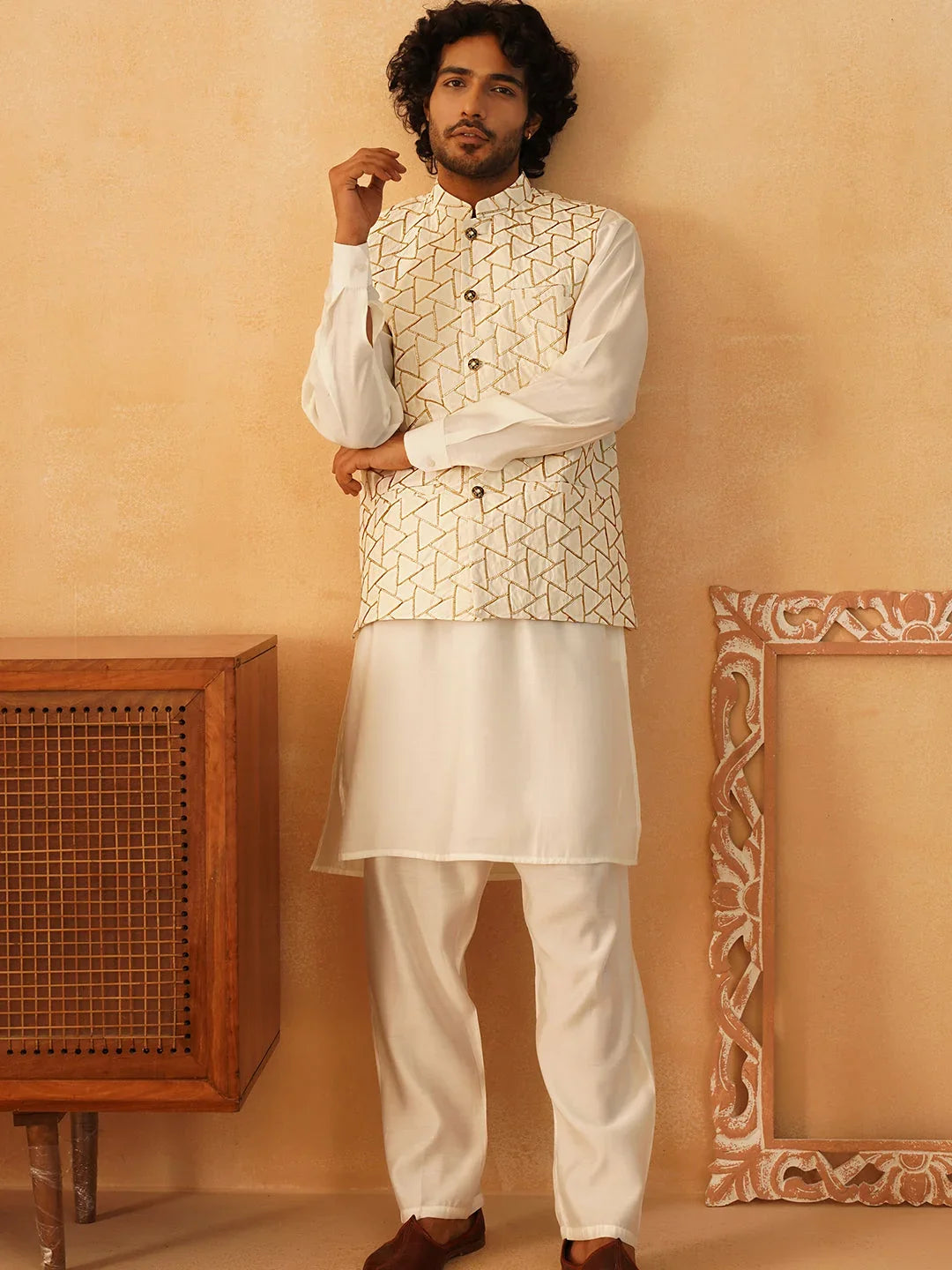 Embroidered Nehru Jacket With Solid Kurta Pyjama Set-JOKPC-592W