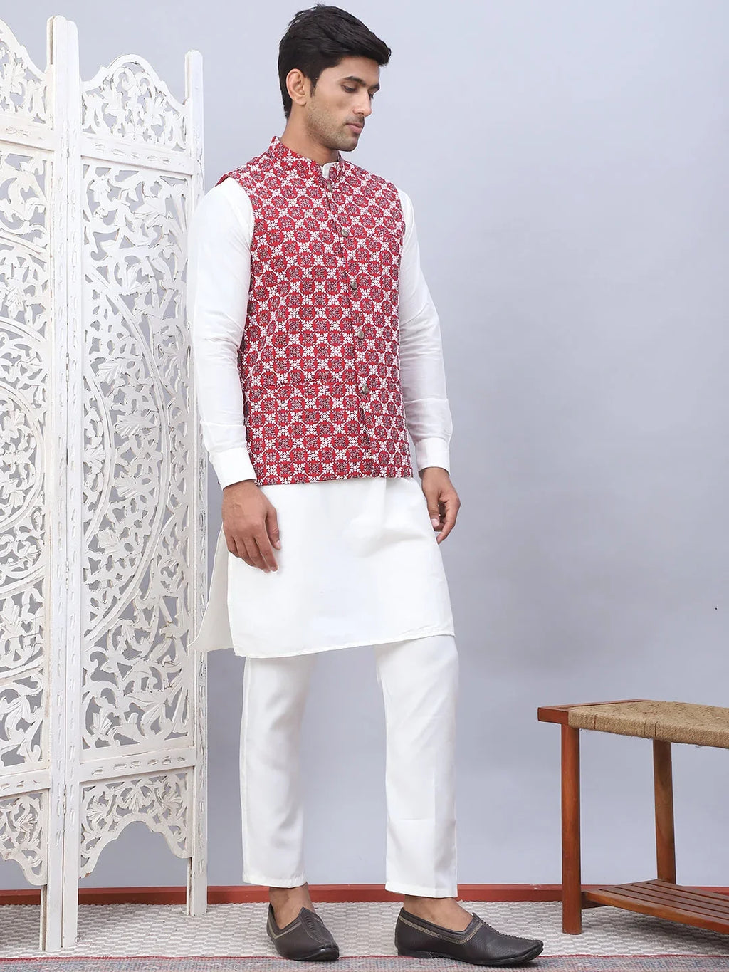Embroidered Nehru Jacket With Solid Kurta Pyjama Set-KPWC-592W