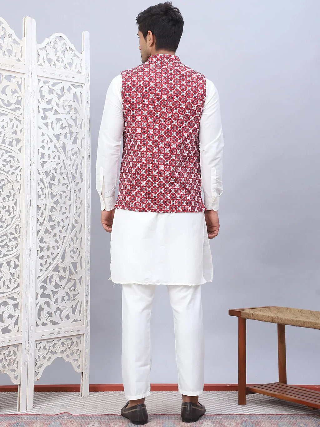 Embroidered Nehru Jacket With Solid Kurta Pyjama Set-KPWC-592W