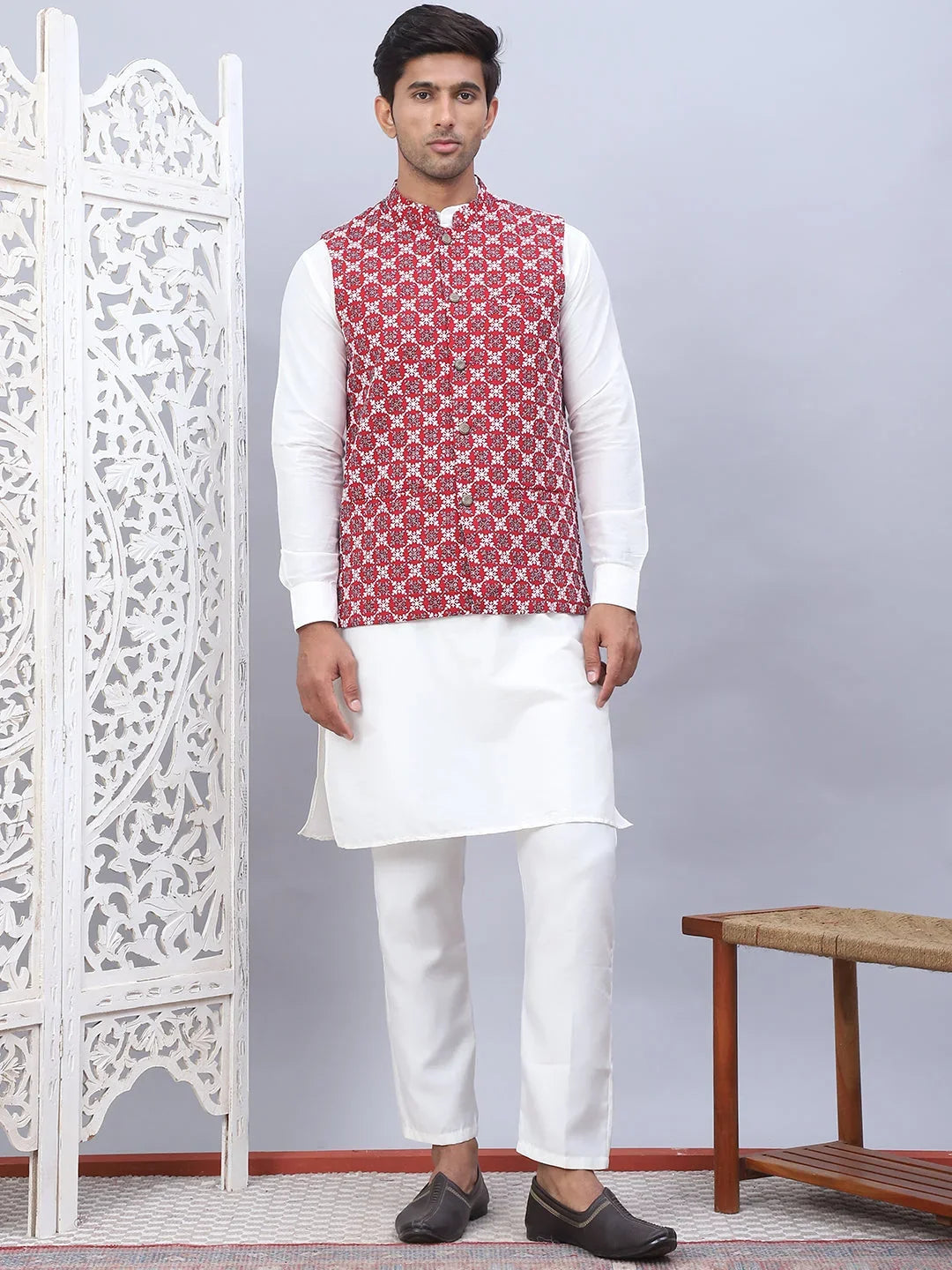 Embroidered Nehru Jacket With Solid Kurta Pyjama Set-KPWC-592W