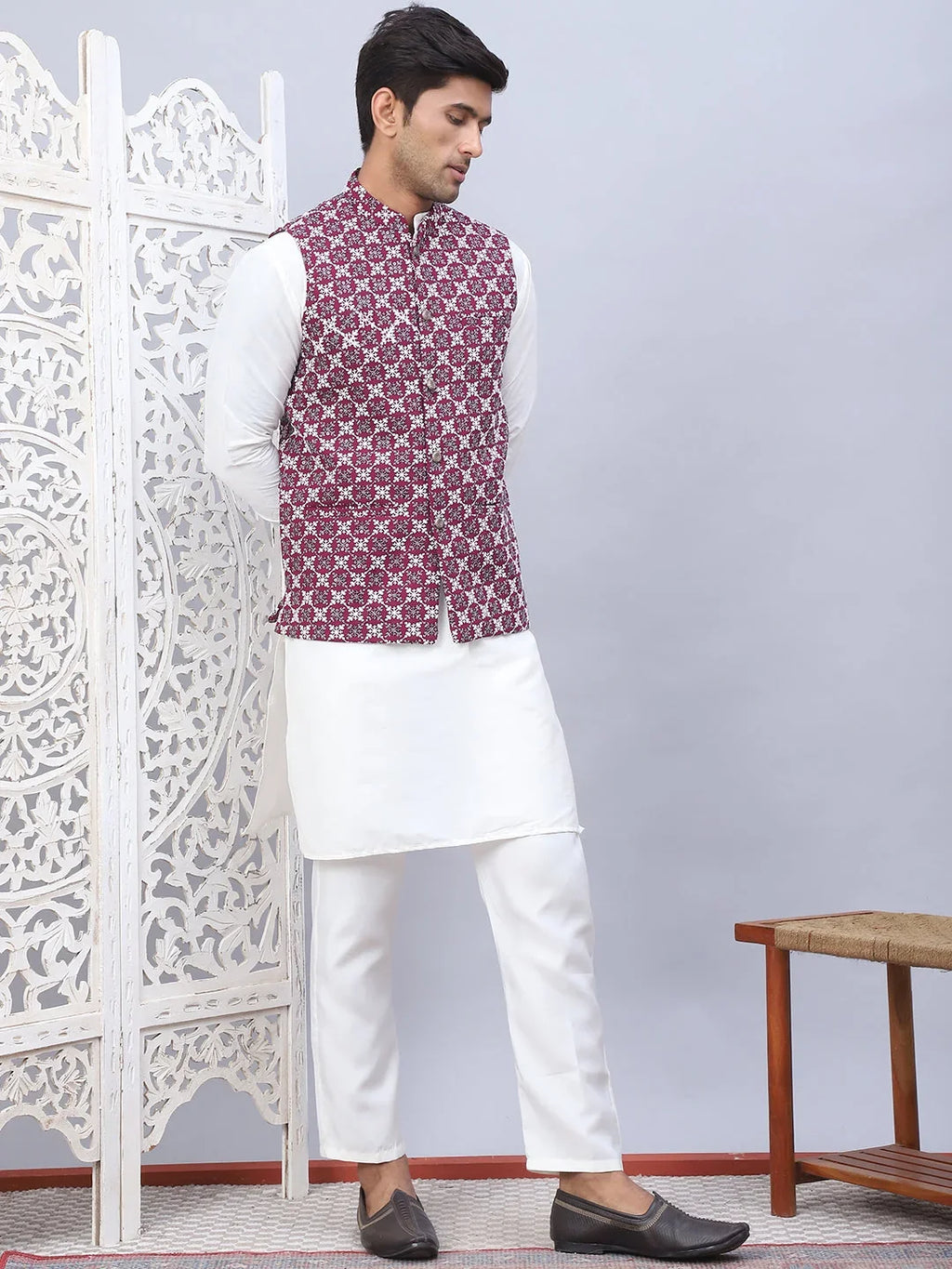 Embroidered Nehru Jacket With Solid Kurta Pyjama Set-JOKPYWC-592W