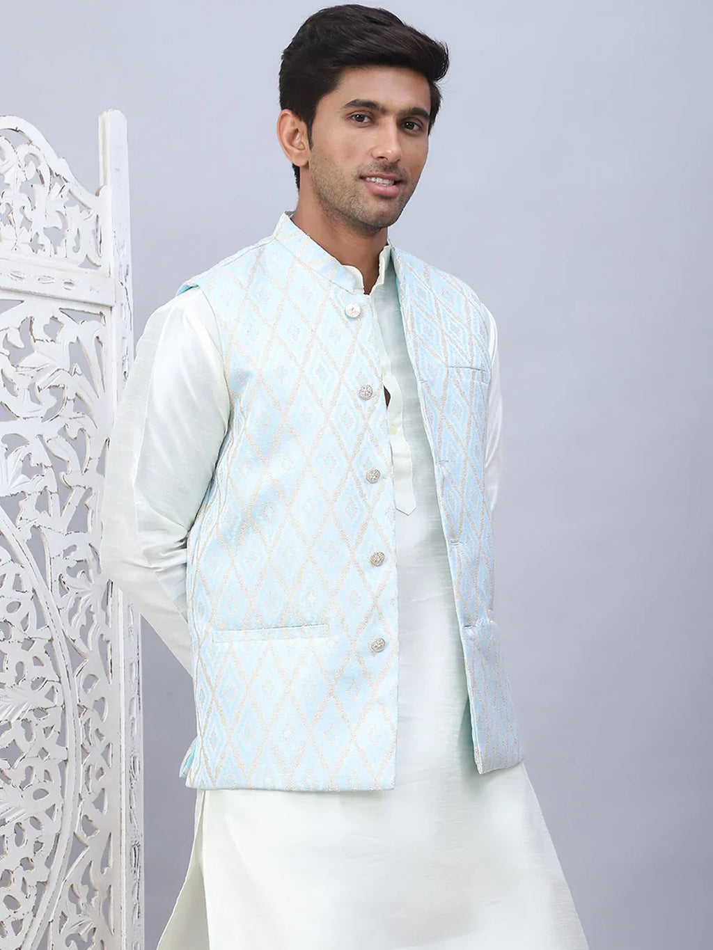 Embossed Nehru Jacket With Solid Kurta Pyjama Set-JOKPWC-592