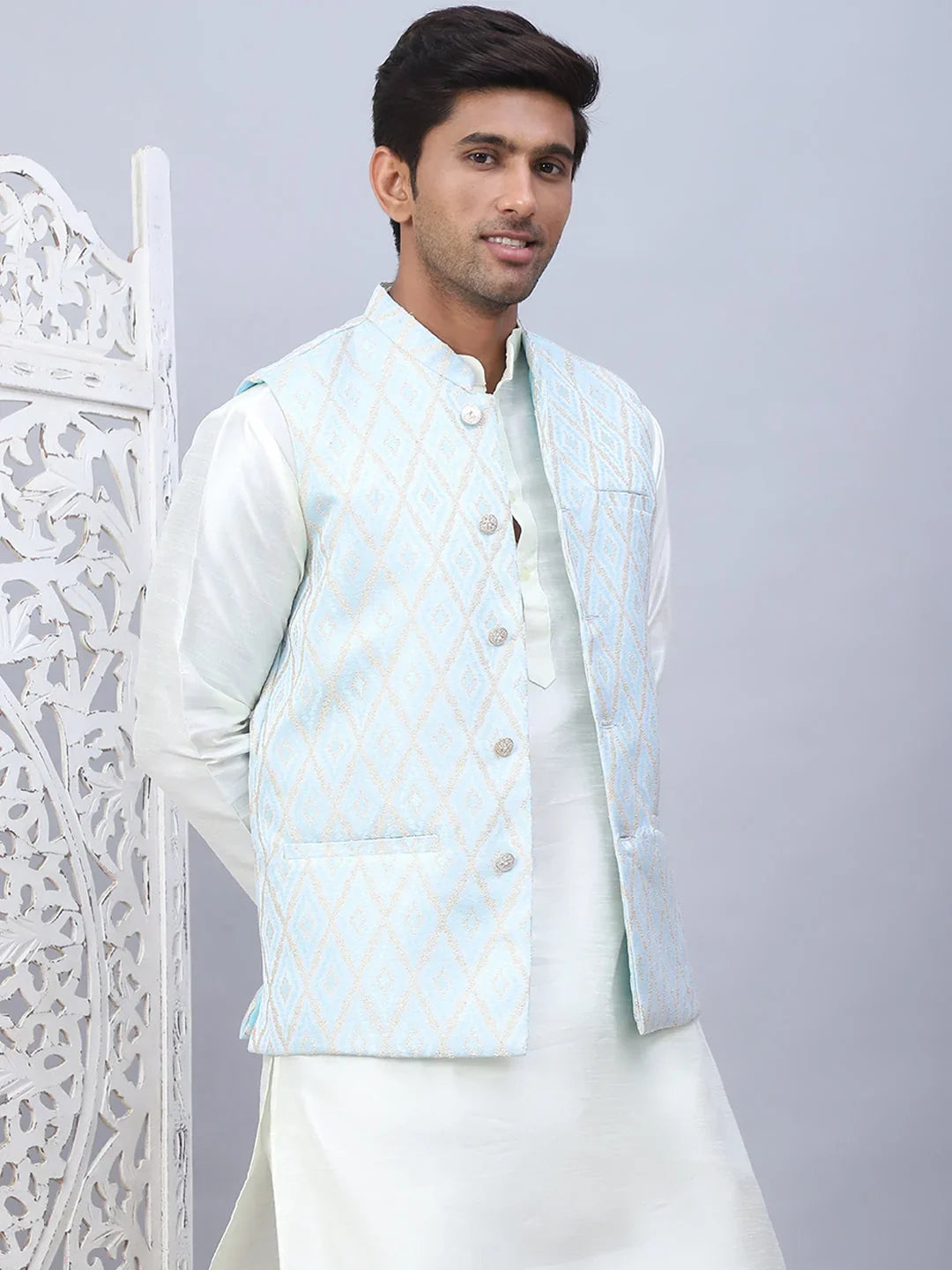 Embossed Nehru Jacket With Solid Kurta Pyjama Set-JOKPWC-592