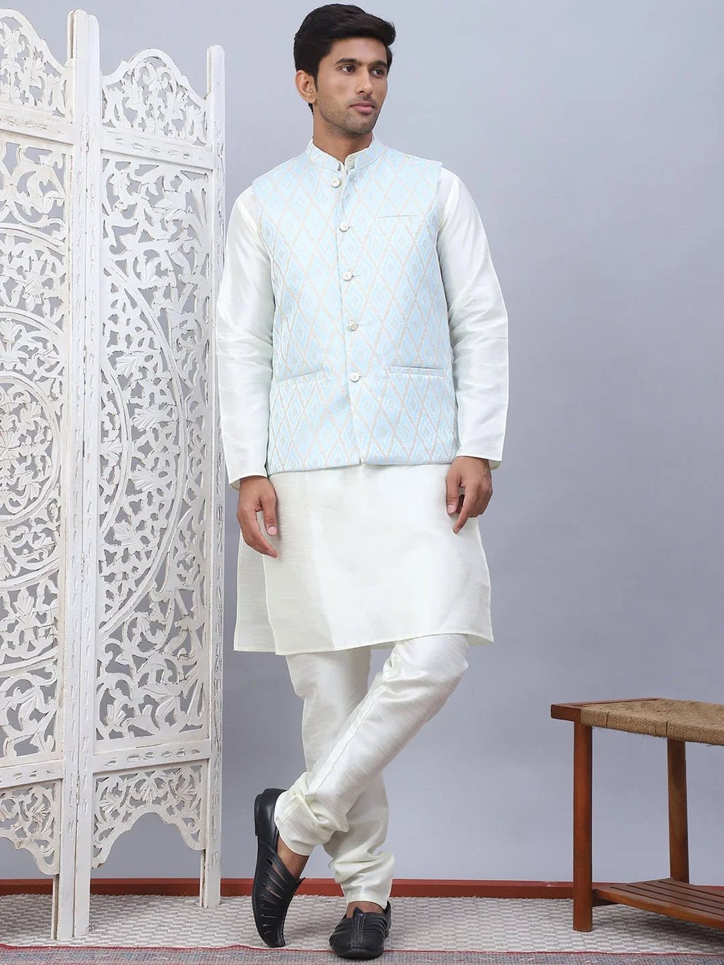 Embossed Nehru Jacket With Solid Kurta Pyjama Set-JOKPWC-592
