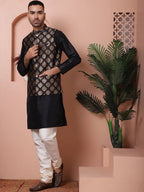 Men's Black Printed Nehru Jacket With Solid Kurta Pyjama-JOKPWC-636B
