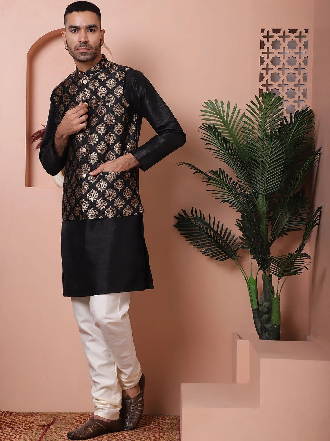 Men's Black Printed Nehru Jacket With Solid Kurta Pyjama-JOKPWC-636B