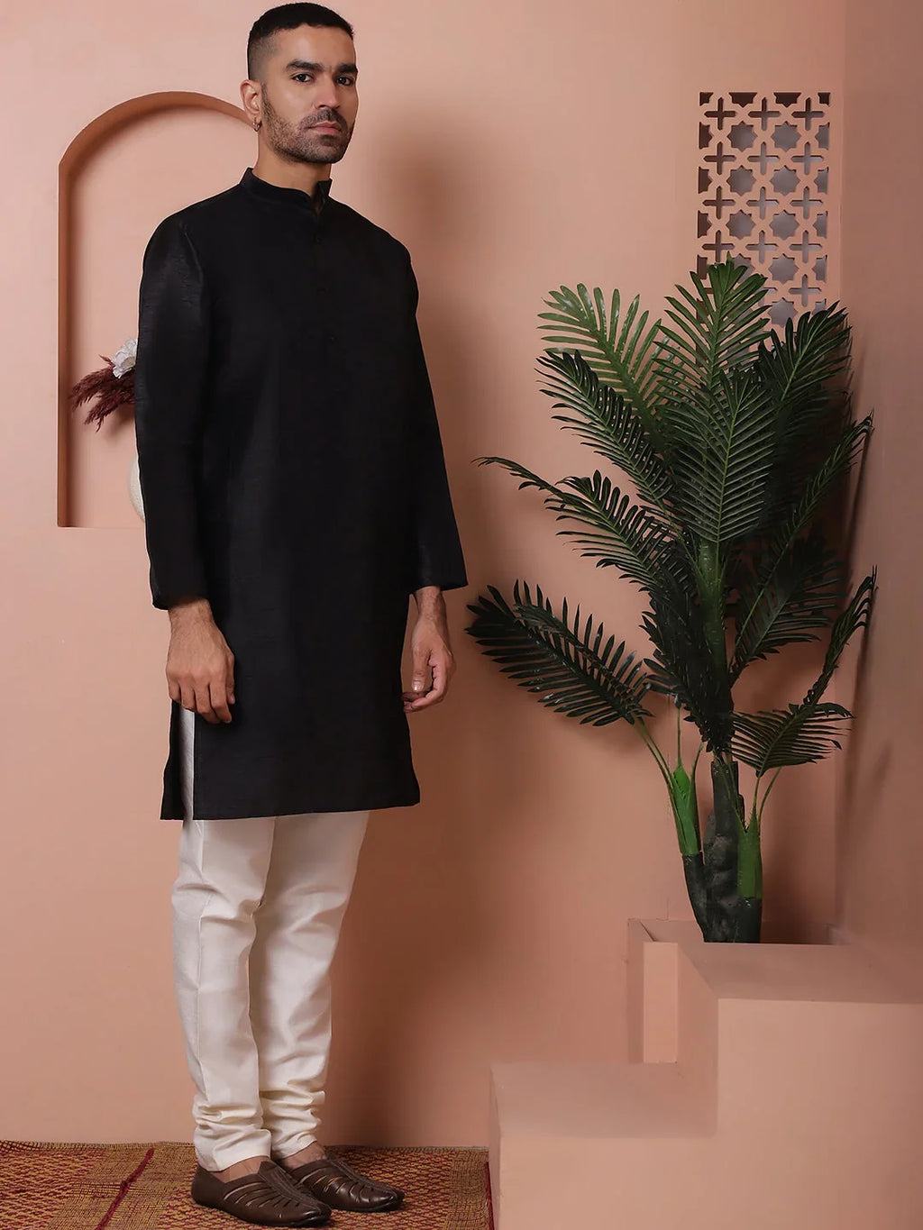 Men's Black Printed Nehru Jacket With Solid Kurta Pyjama-JOKPWC-636B