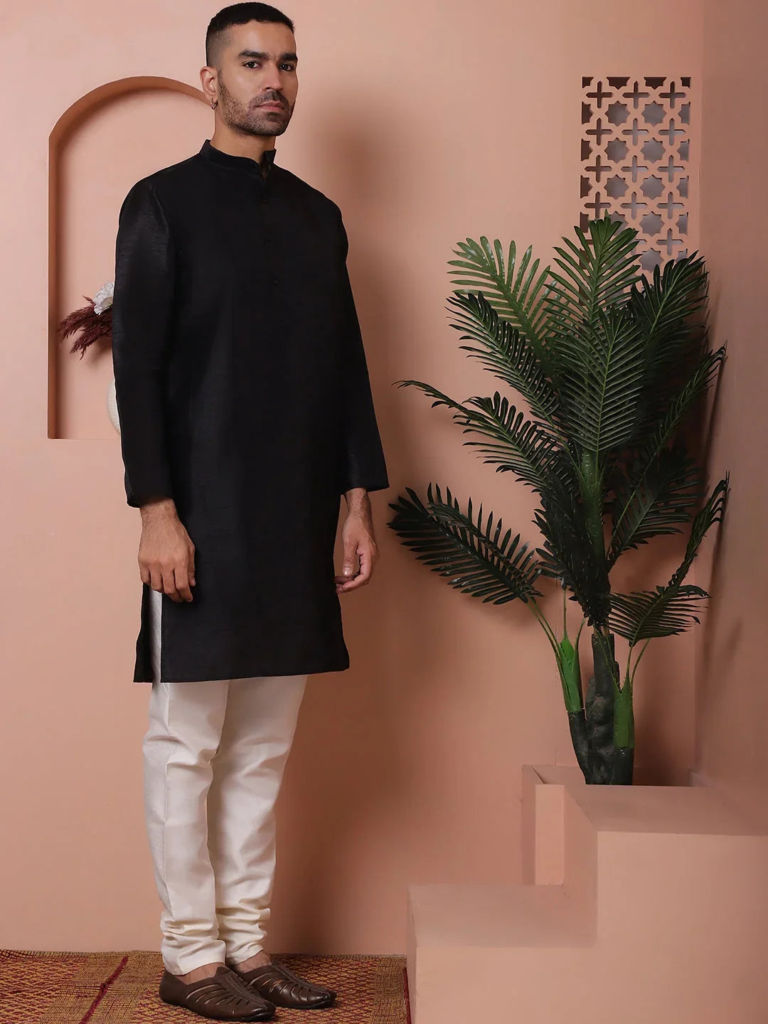 Men's Black Printed Nehru Jacket With Solid Kurta Pyjama-JOKPWC-636B