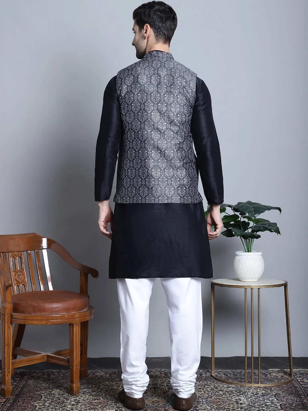 Printed Nehru Jacket With Kurta Pyjama Set