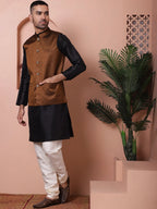 Men's Golden Woven Design Nehru Jacket With Solid Kurta Pyjama-JOKPWC-636B