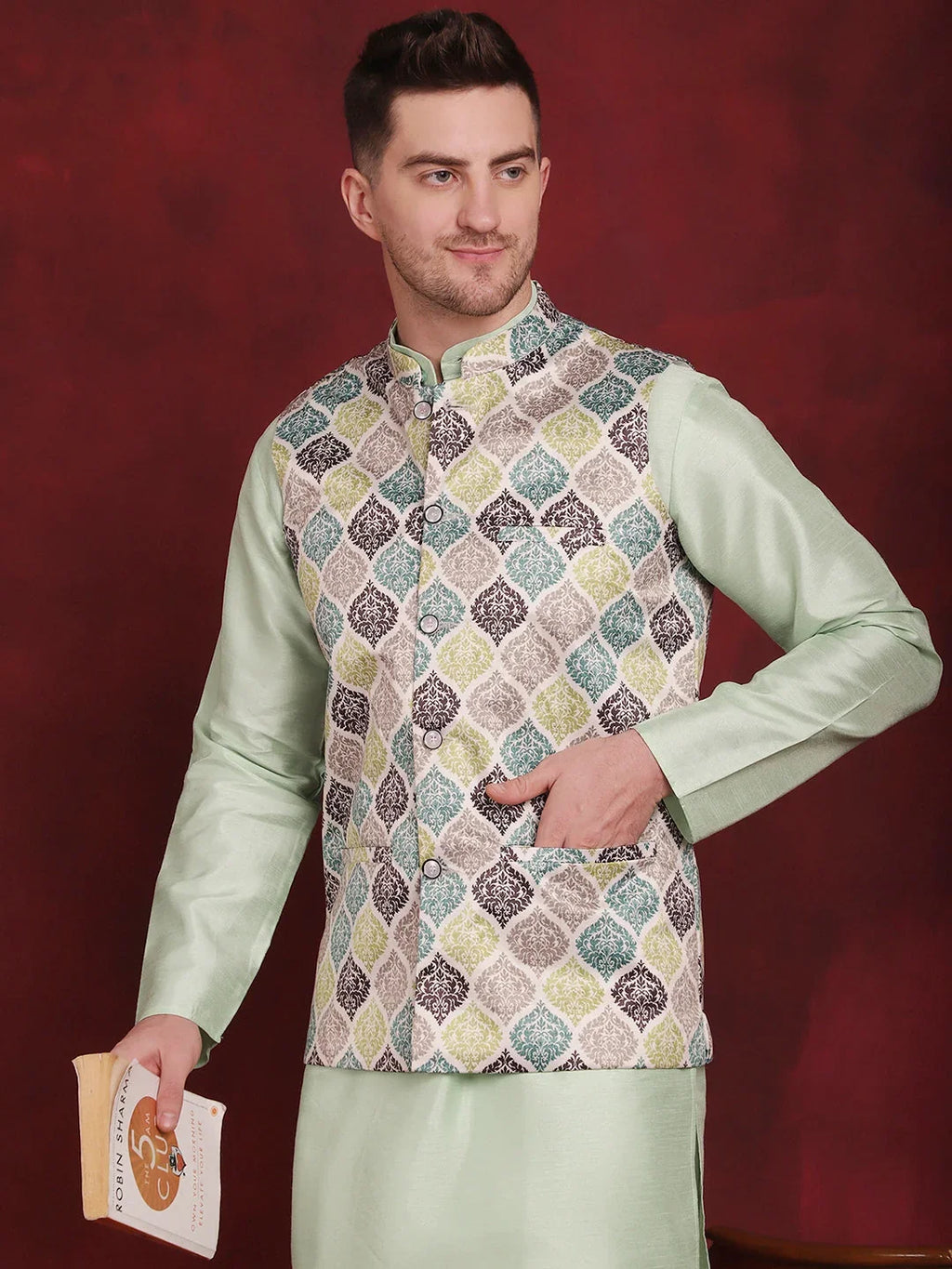Green Floral Printed Nehru Jacket With Kurta Pyjama Set ( JOKPWC 636P 4090Green )