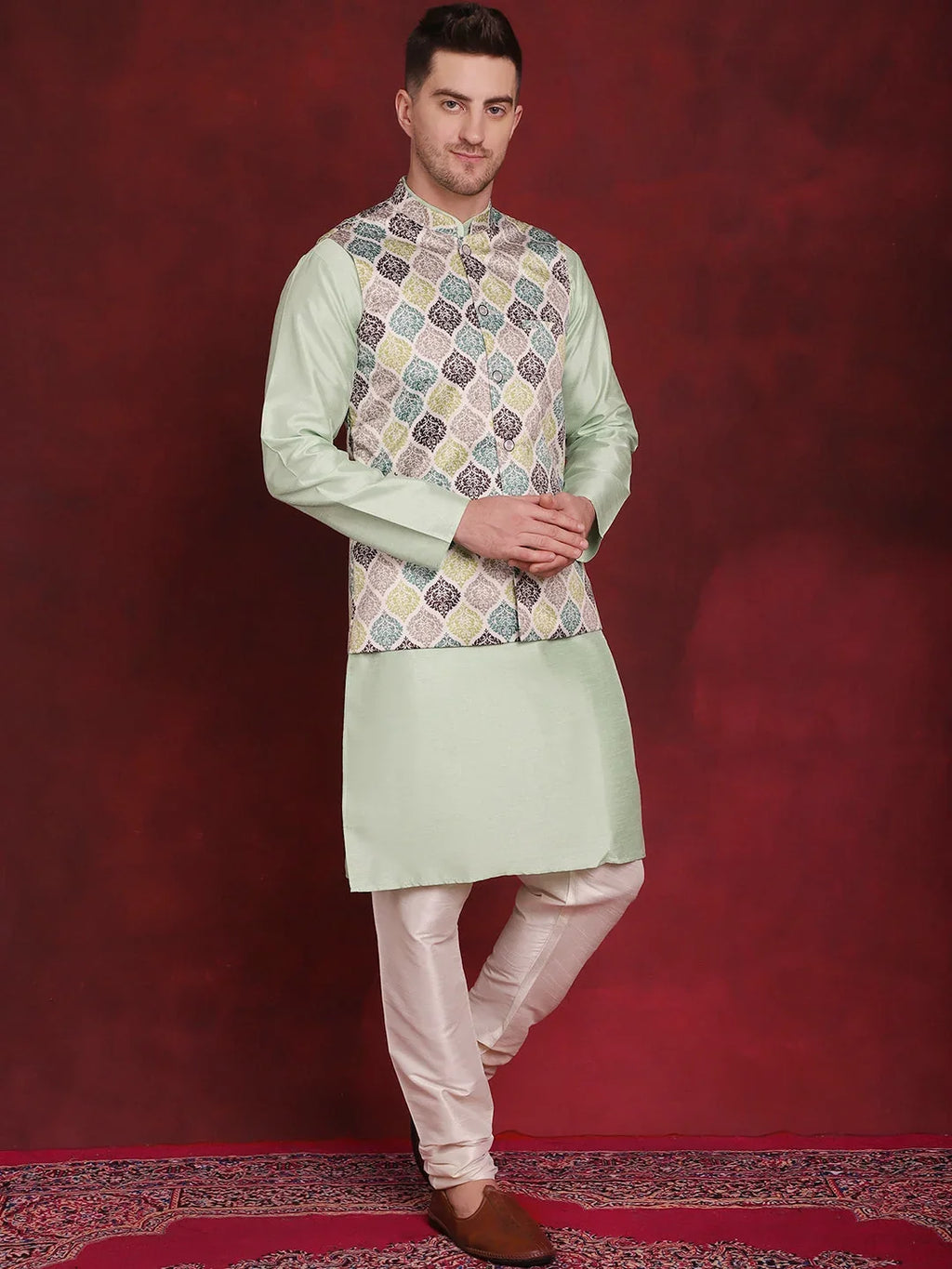 Green Floral Printed Nehru Jacket With Kurta Pyjama Set ( JOKPWC 636P 4090Green )