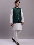 Men's Olive Green Woven Design Nehru Jacket With Solid Kurta Pyjama.