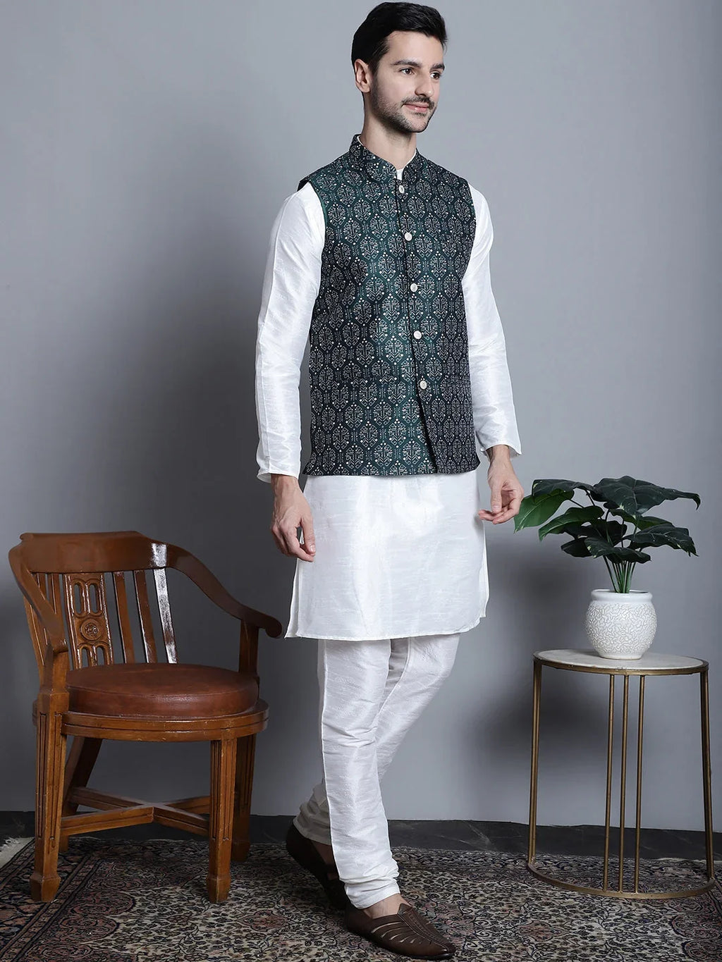 Men's Printed Nehru Jacket With Kurta Styled Pyjama Set