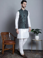 Men's Printed Nehru Jacket With Kurta Styled Pyjama Set