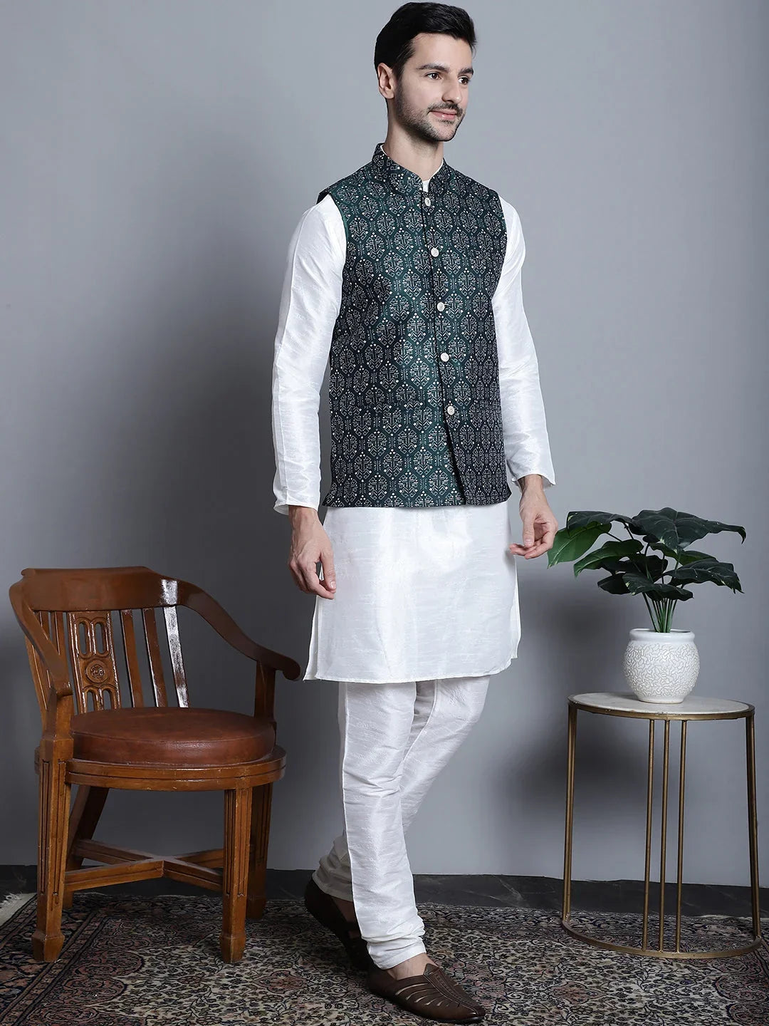 Men's Printed Nehru Jacket With Kurta Styled Pyjama Set