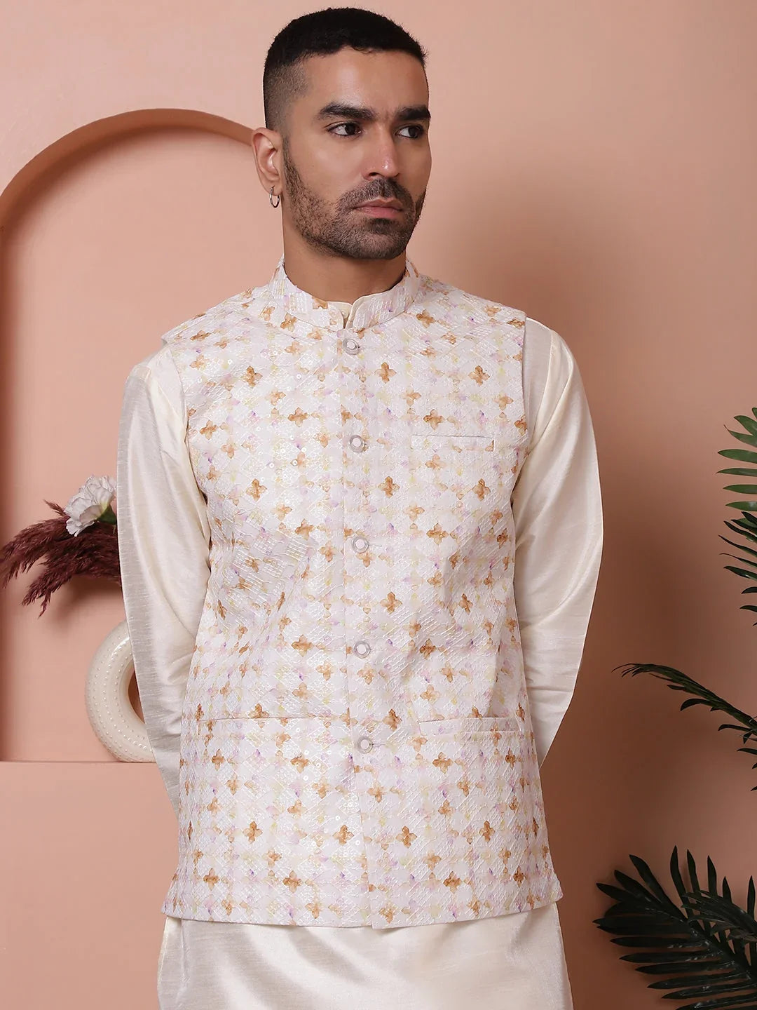 Sequins and Printed Nehru Jacket With Solid Kurta Pyjama-JOKPWC-636WH