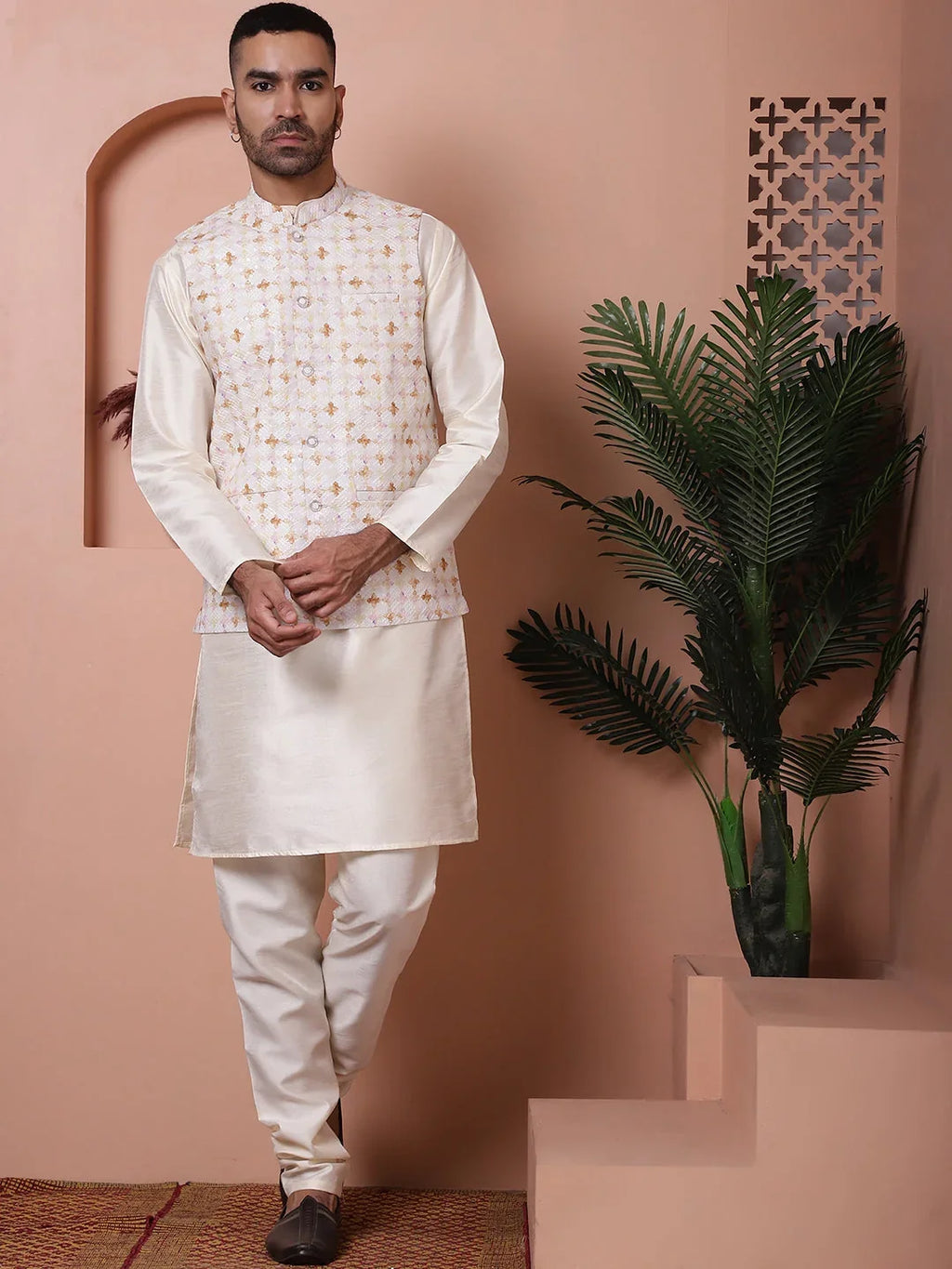 Sequins and Printed Nehru Jacket With Solid Kurta Pyjama-JOKPWC-636WH
