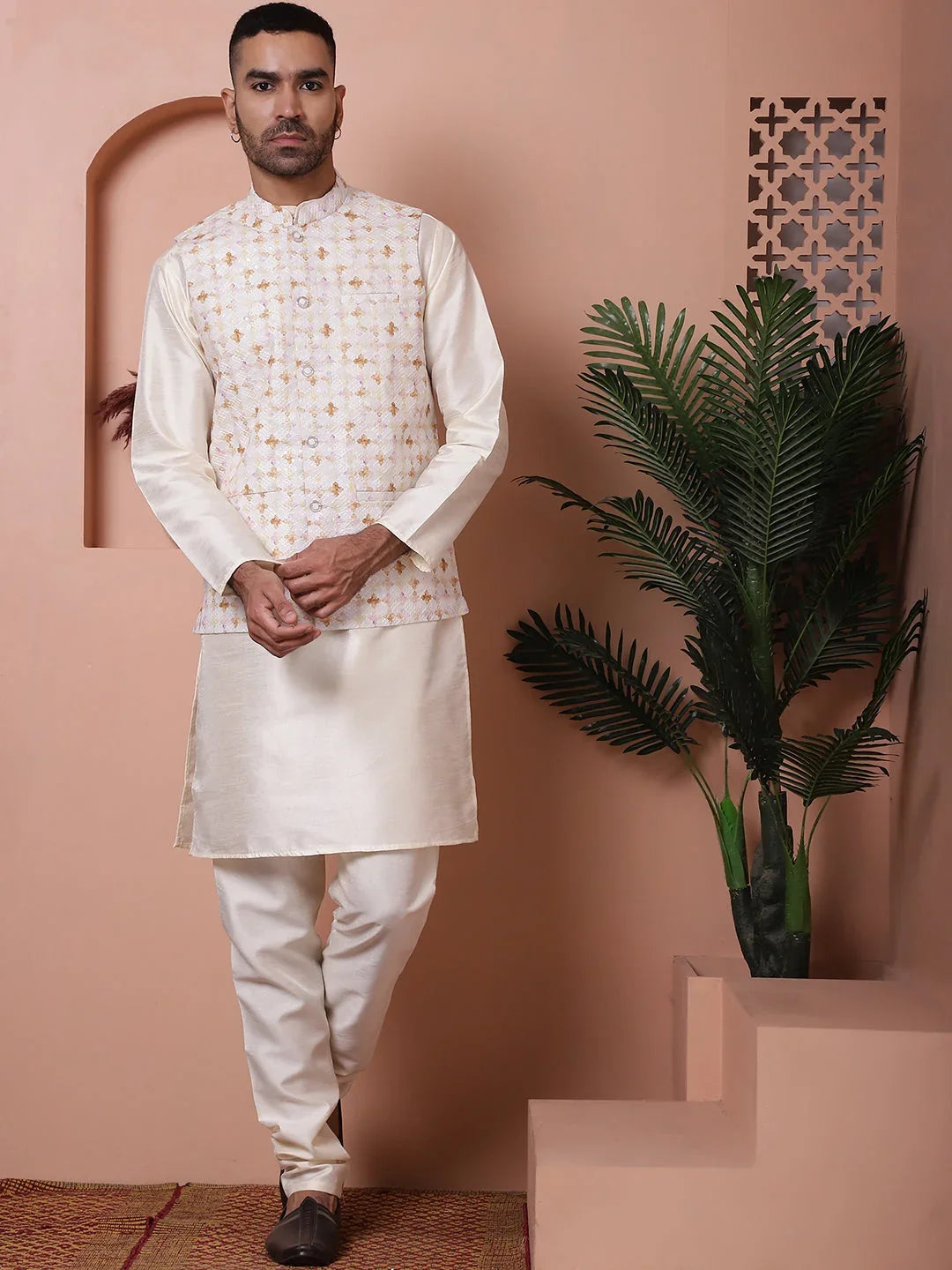 Sequins and Printed Nehru Jacket With Solid Kurta Pyjama-JOKPWC-636WH