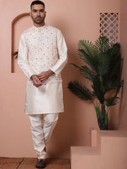 Sequins and Printed Nehru Jacket With Solid Kurta Pyjama-JOKPWC-636WH