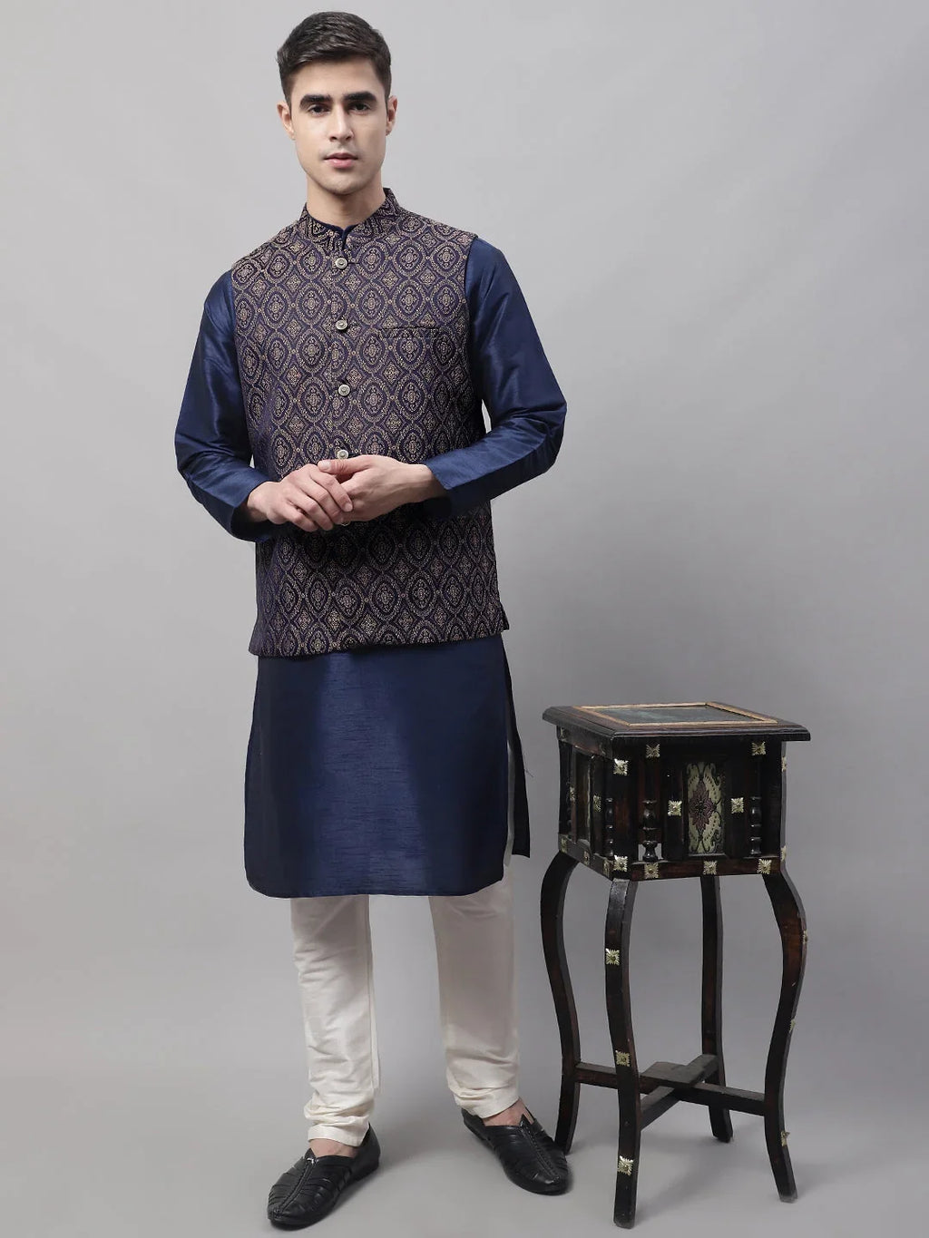 Men Navy Blue Solid Kurta Pyjama with Brown Woven Design Nehru Jacket