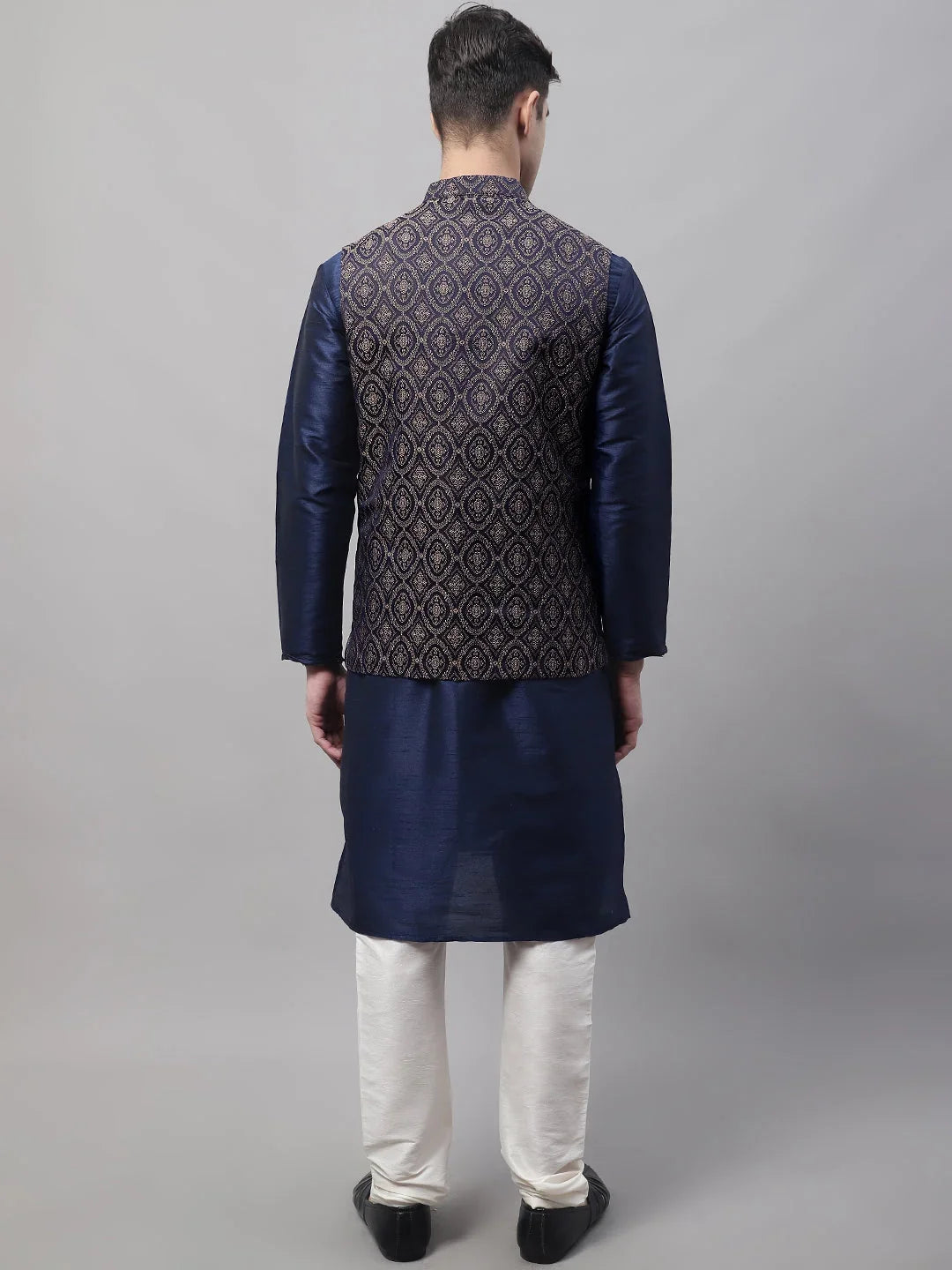 Men Navy Blue Solid Kurta Pyjama with Brown Woven Design Nehru Jacket