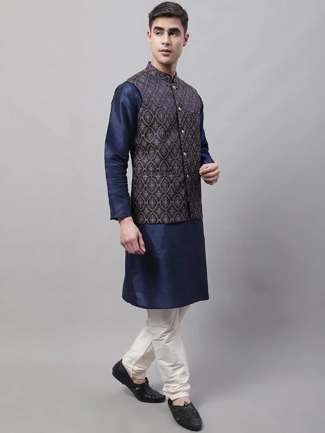 Men Navy Blue Solid Kurta Pyjama with Brown Woven Design Nehru Jacket