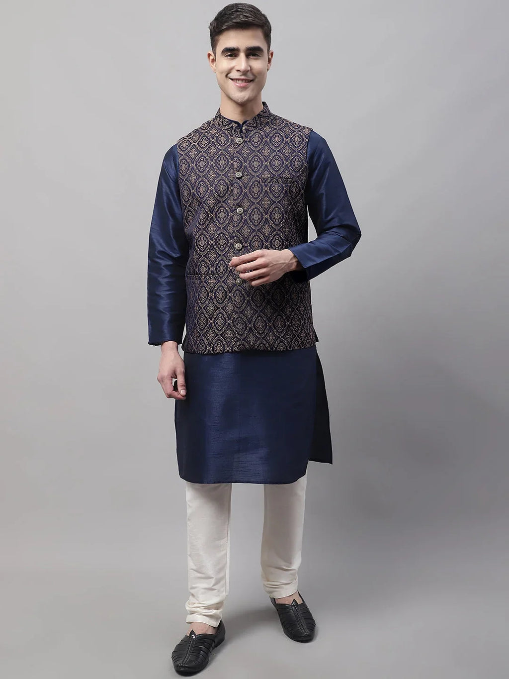 Men Navy Blue Solid Kurta Pyjama with Brown Woven Design Nehru Jacket