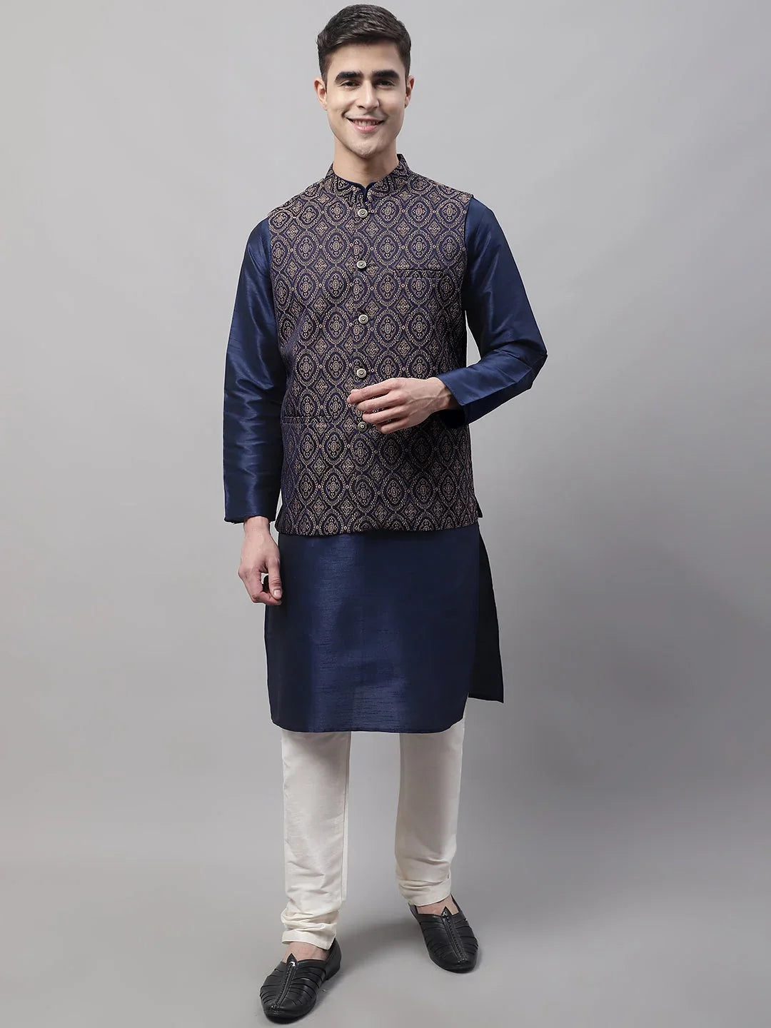 Men Navy Blue Solid Kurta Pyjama with Brown Woven Design Nehru Jacket