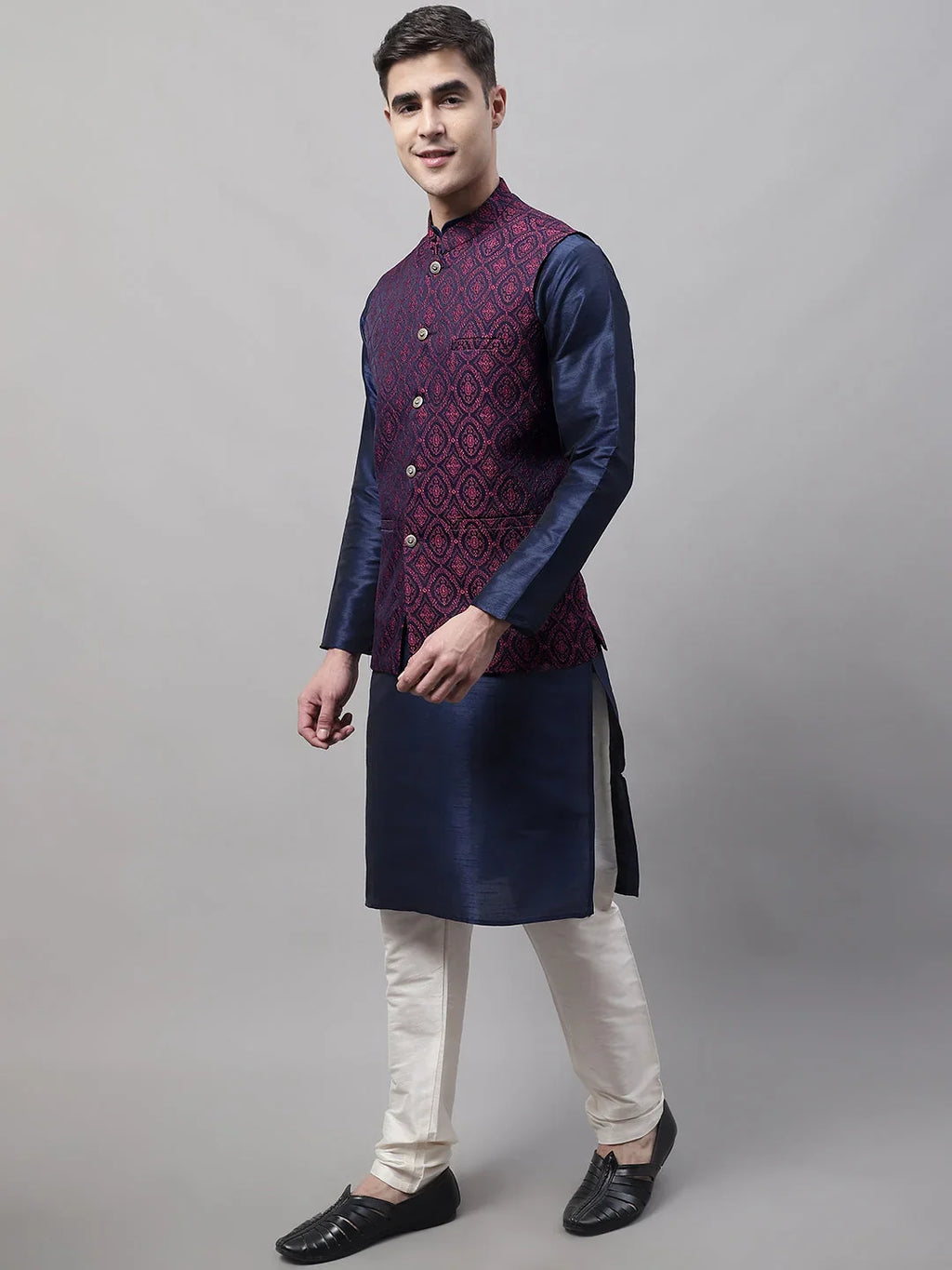 Men Navy Blue Solid Kurta Pyjama with Maroon Woven Design Nehru Jacket