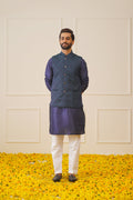 Men Navy Blue Solid Kurta Pyjama with Green Woven Design Nehru Jacket
