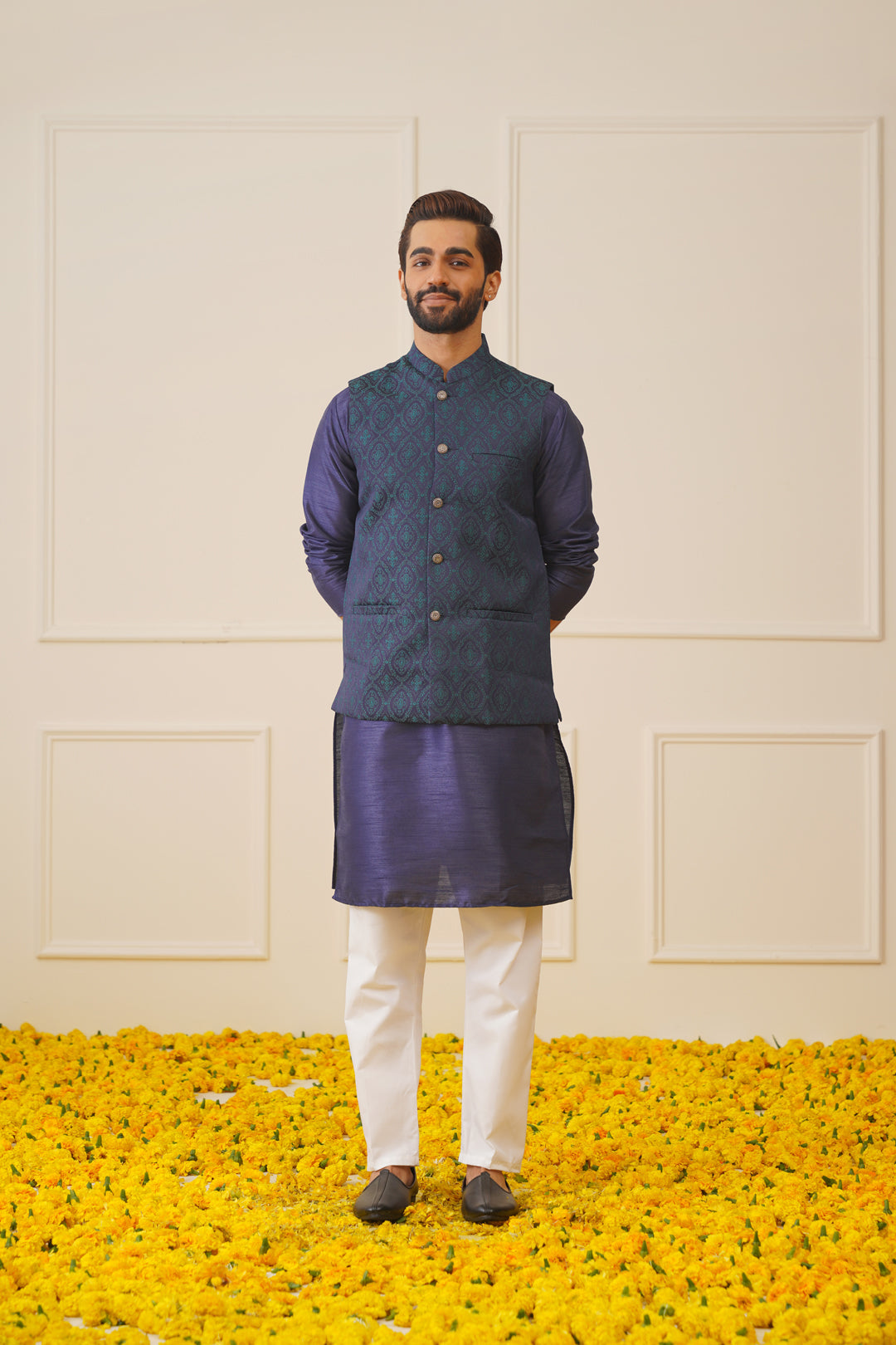 Men Navy Blue Solid Kurta Pyjama with Green Woven Design Nehru Jacket