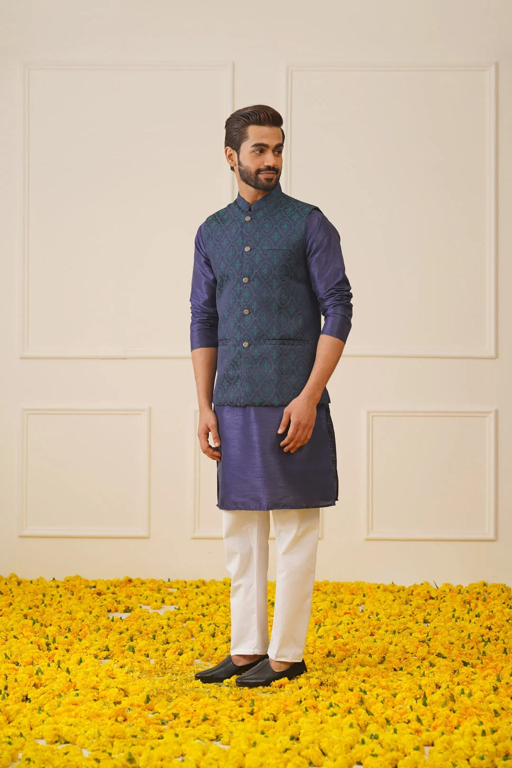 Men Navy Blue and Green Woven Design Waistcoats-JOWC-4072