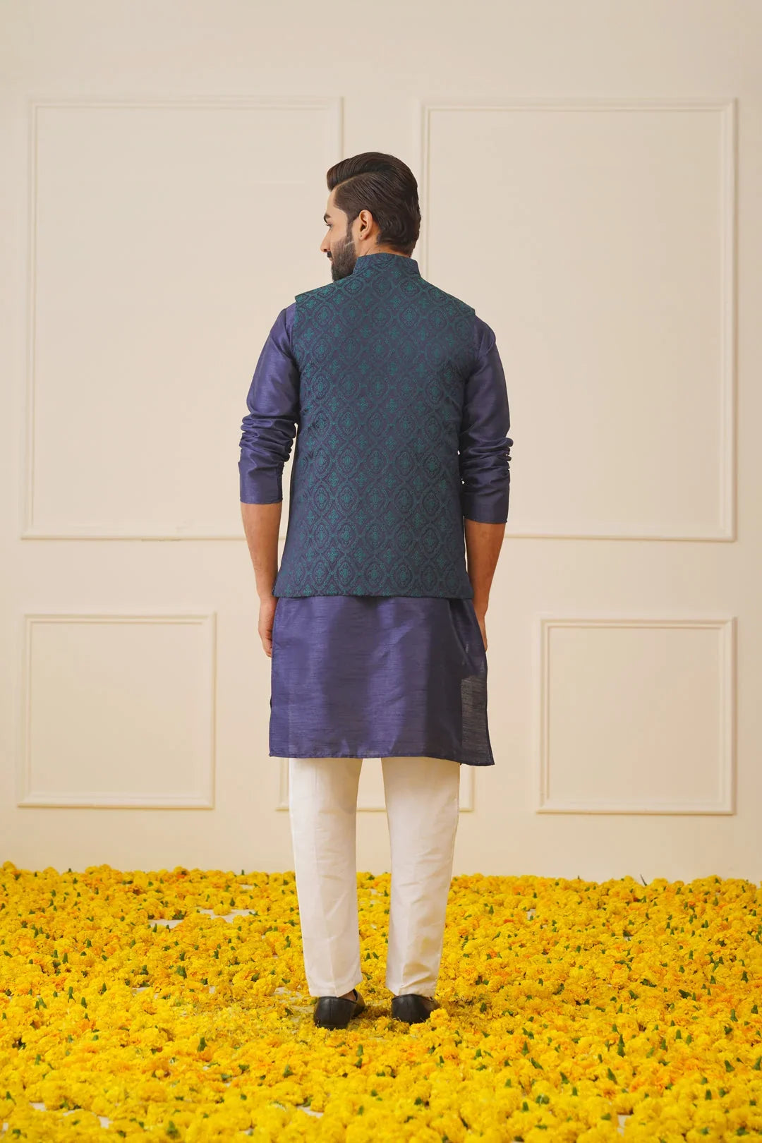 Men Navy Blue and Green Woven Design Waistcoats-JOWC-4072