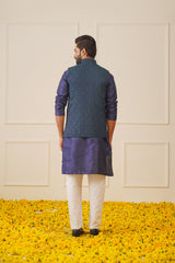 Men Navy Blue Solid Kurta Pyjama with Green Woven Design Nehru Jacket