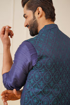 Men Navy Blue Solid Kurta Pyjama with Green Woven Design Nehru Jacket