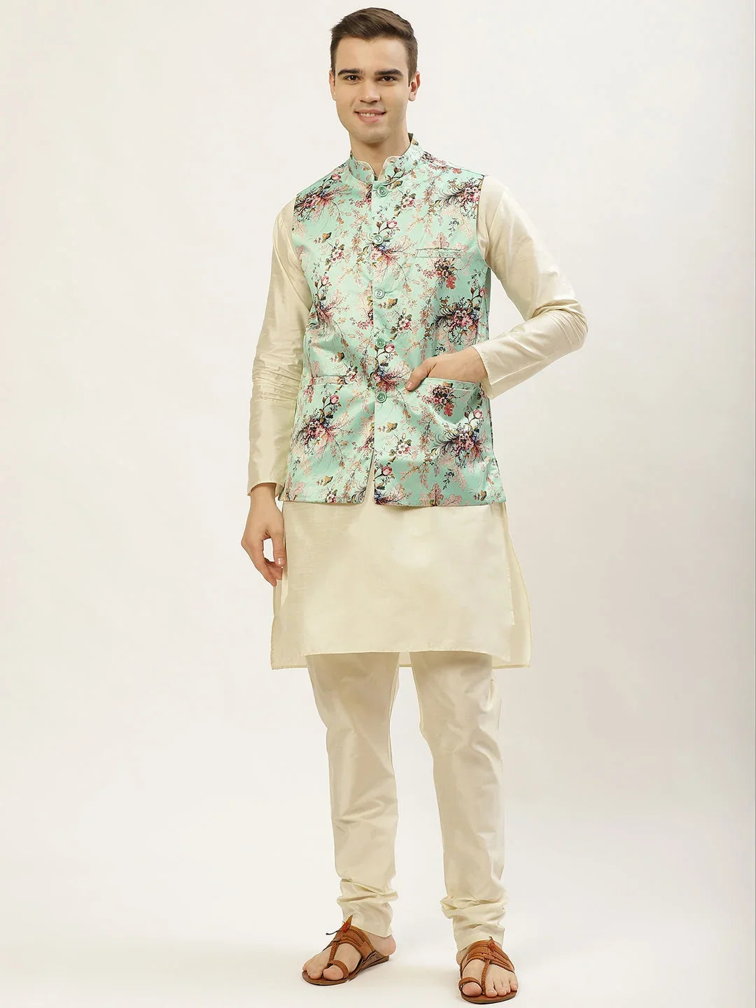 Men's Floral Printed Nehru Jacket and Kurta Pyjama Set