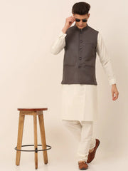 Men's Solid Kurta Pyjama With Nehru Jacket ( JOKPWC W-F 4046Charcoal )-JOKPWC-W-F-4046