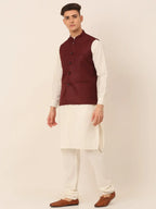 Men's Solid Kurta Pyjama With Nehru Jacket ( JOKPWC W-F 4046Maroon )-JOKPWC-W-F-4046